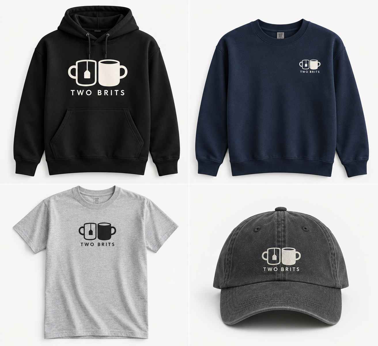 Two Brits apparel mockups: a black hoodie, navy sweatshirt, grey T-shirt and charcoal cap featuring the two-mug logo